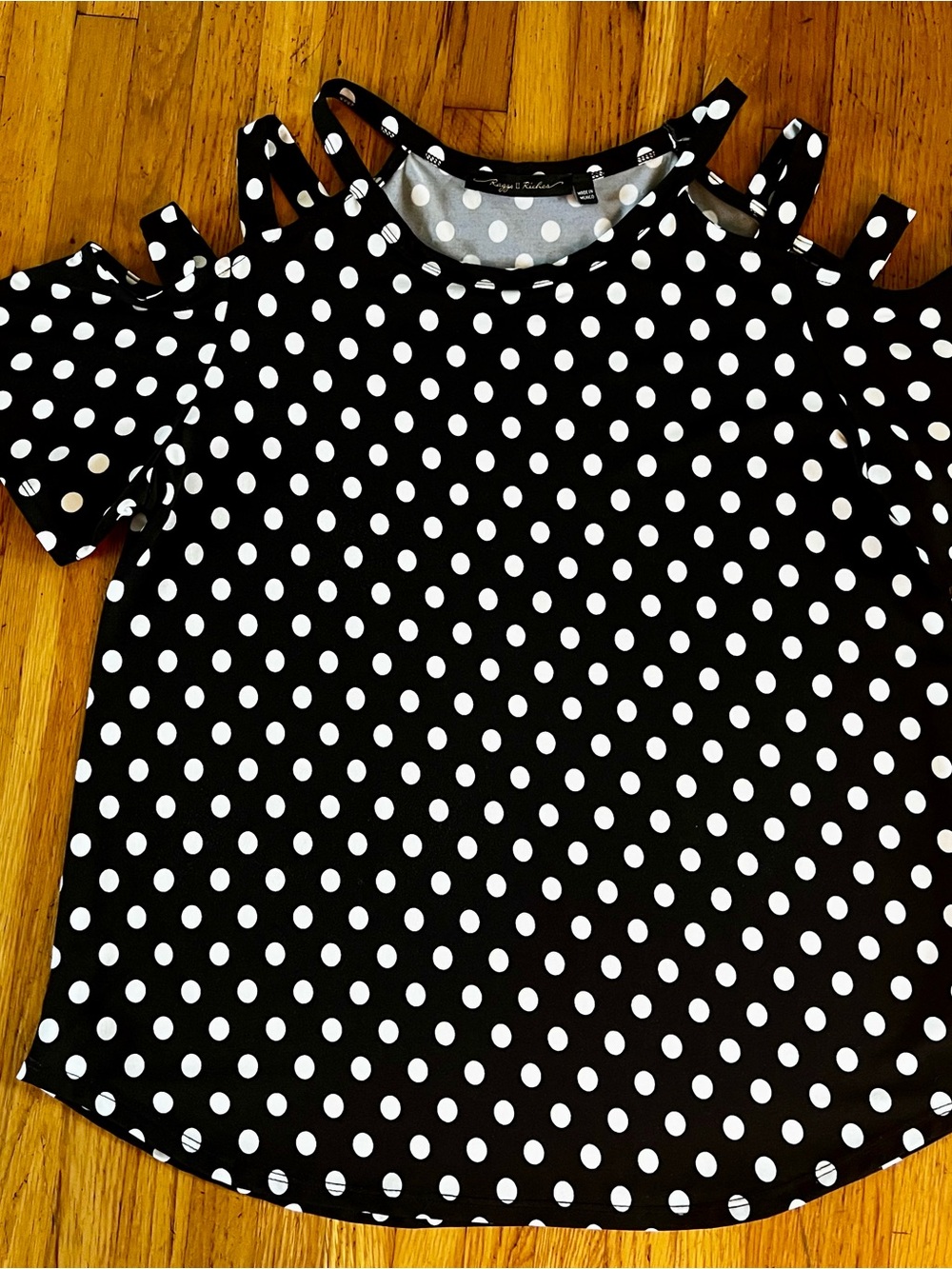 Raggs II Riches Cold Shoulder Triple Strap Blouse Top, Black & White Polkadot -M